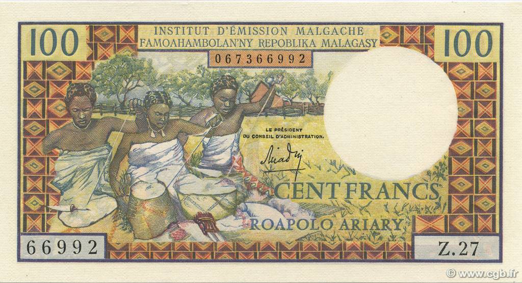 100 Francs - 20 Ariary MADAGASCAR  1964 P.057a FDC