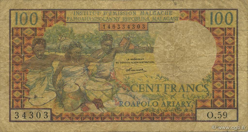 100 Francs - 20 Ariary MADAGASKAR  1964 P.057a SGE