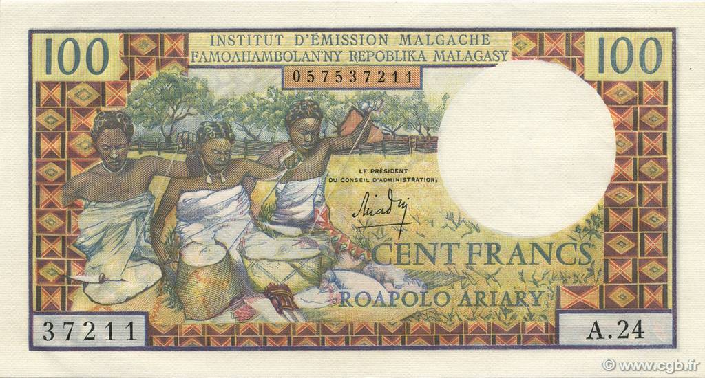 100 Francs - 20 Ariary MADAGASKAR  1964 P.057a fST