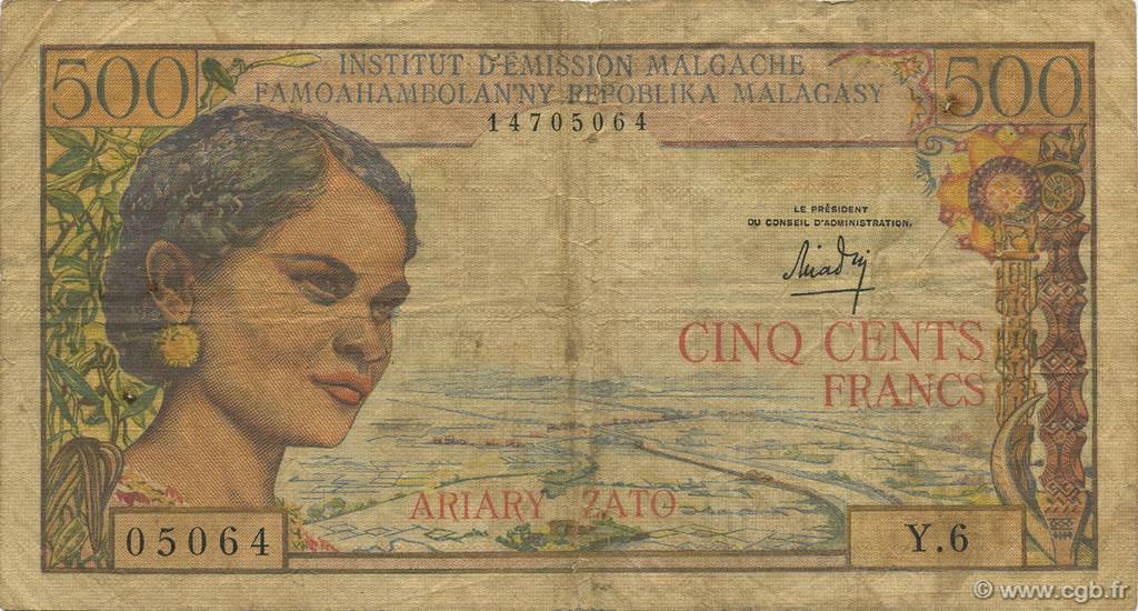 500 Francs - 100 Ariary MADAGASCAR  1964 P.058a VG