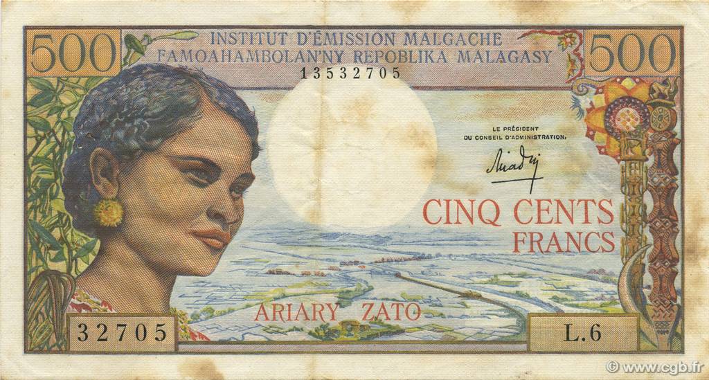 500 Francs - 100 Ariary MADAGASCAR  1964 P.058a MBC