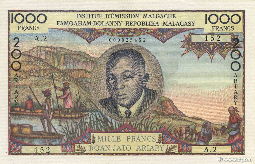 1000 Francs - 200 Ariary MADAGASCAR  1960 P.056a AU