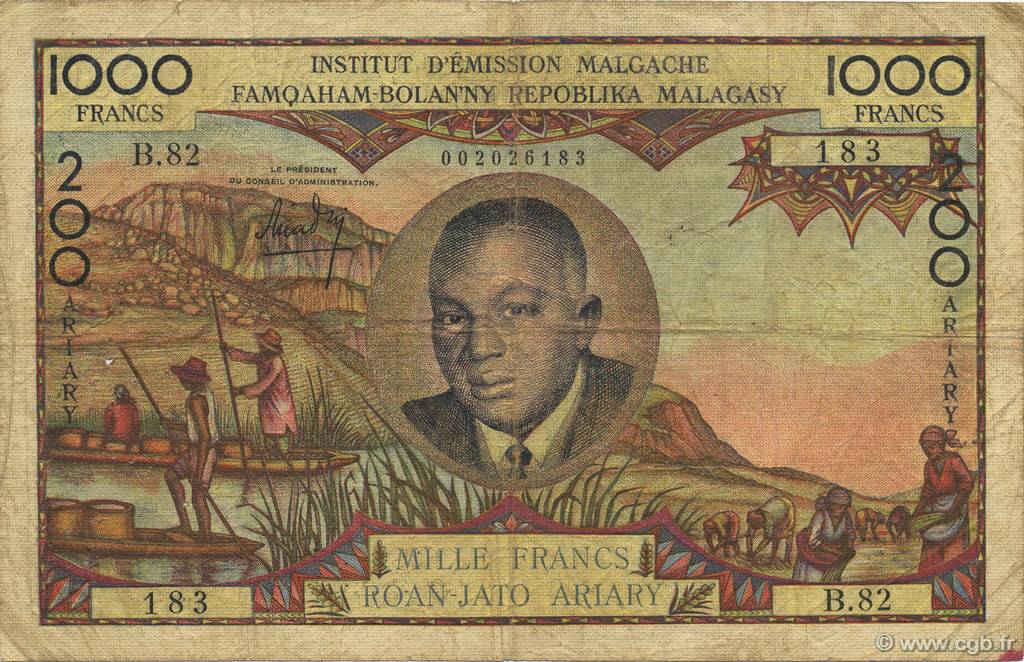 1000 Francs - 200 Ariary MADAGASCAR  1960 P.056b F-