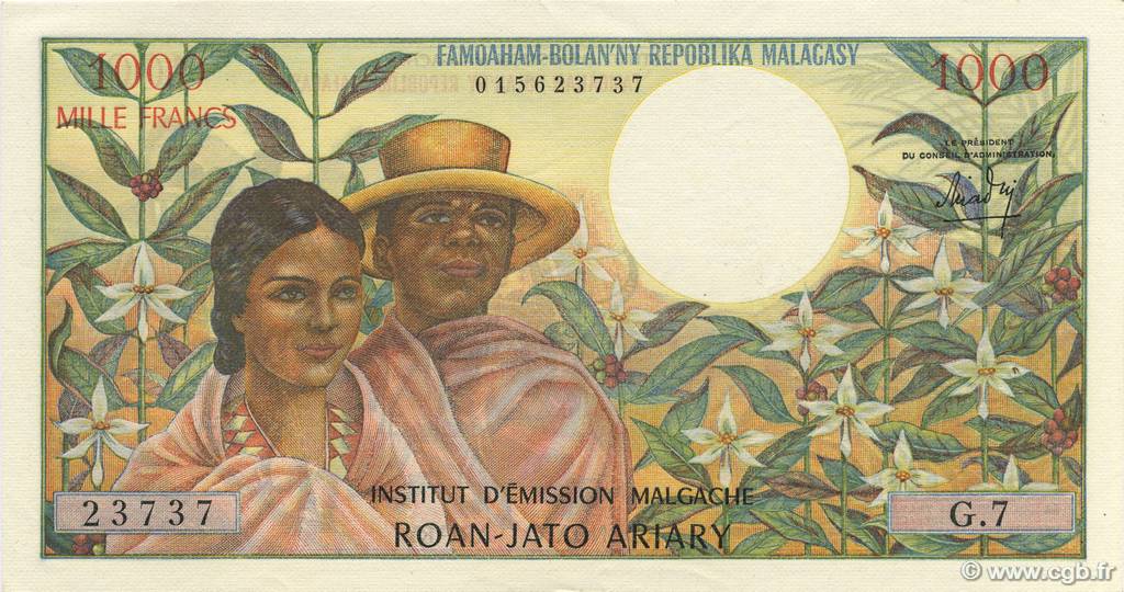1000 Francs - 200 Ariary MADAGASCAR  1966 P.059a XF+
