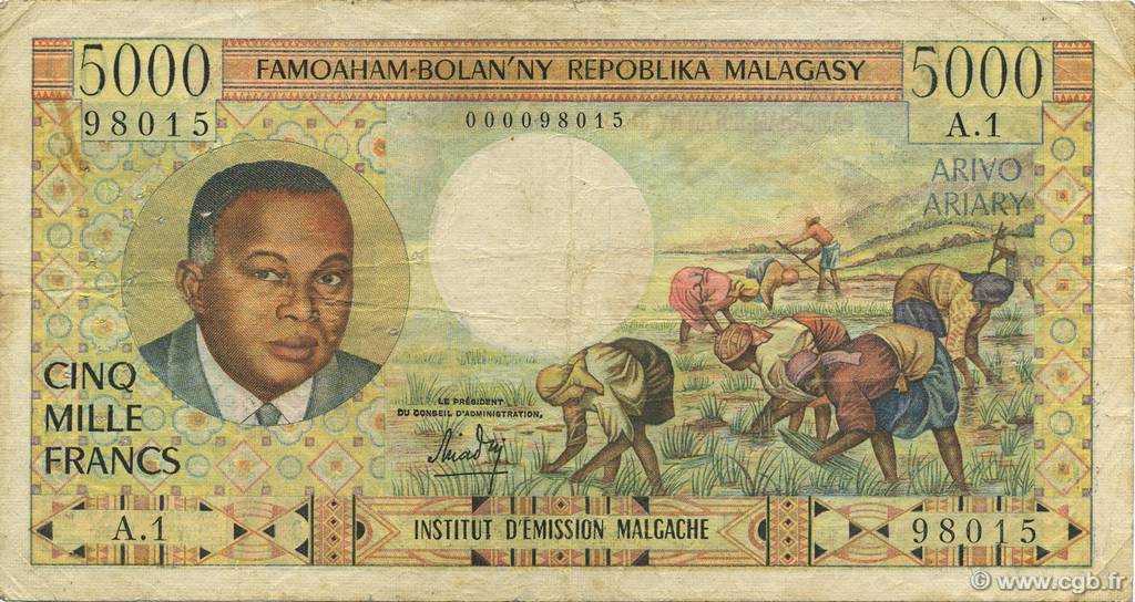 5000 Francs - 1000 Ariary MADAGASCAR  1966 P.060a MB
