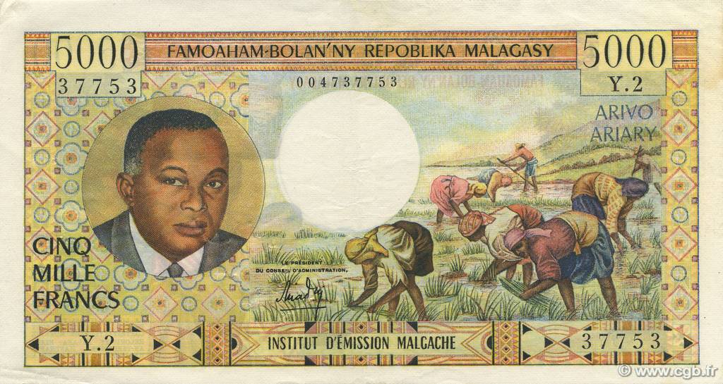 5000 Francs - 1000 Ariary MADAGASCAR  1966 P.060a VF+