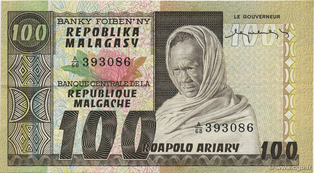 100 Francs - 20 Ariary MADAGASCAR  1974 P.063a XF