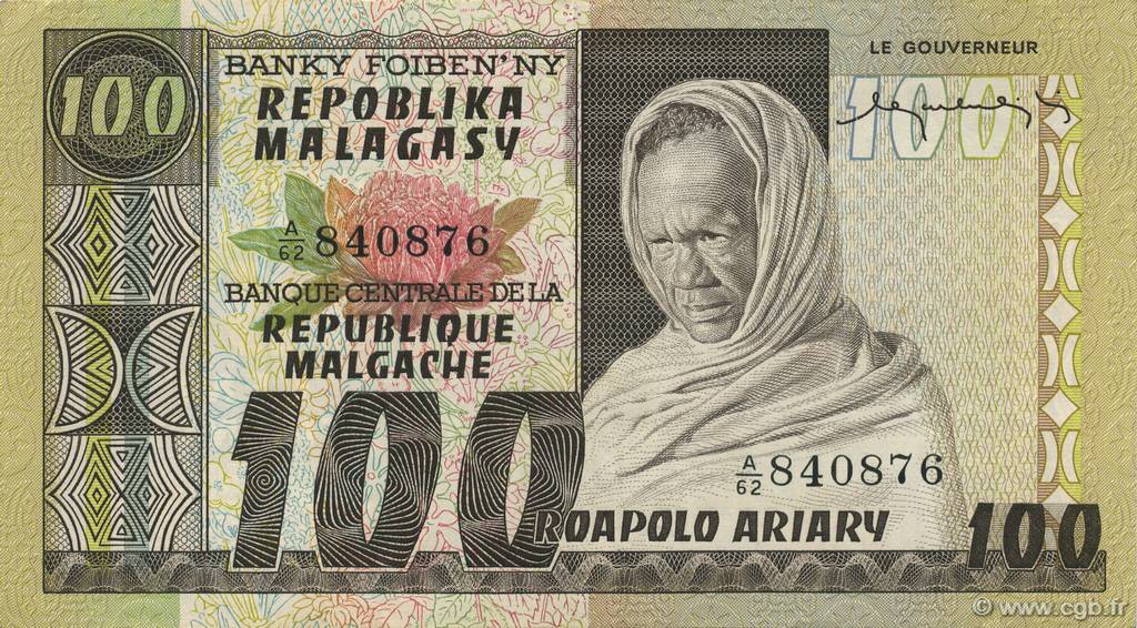 100 Francs - 20 Ariary MADAGASKAR  1974 P.063a fST