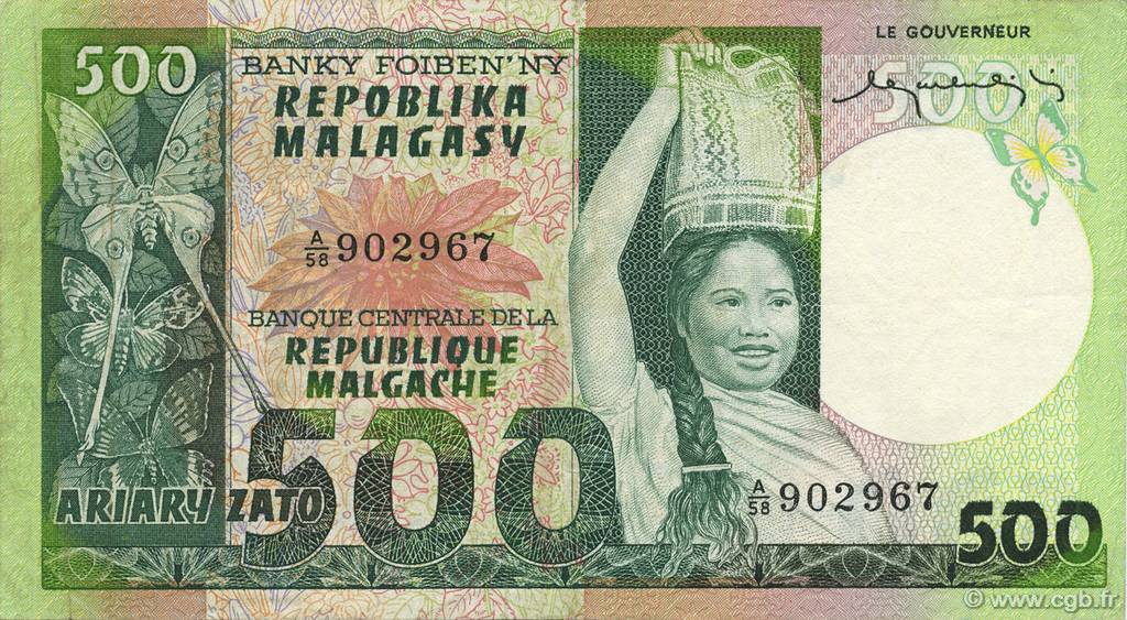 500 Francs - 100 Ariary MADAGASCAR  1974 P.064a XF