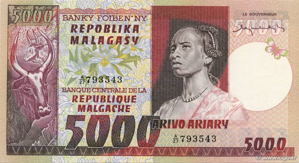 5000 Francs - 1000 Ariary MADAGASCAR  1974 P.066a AU+