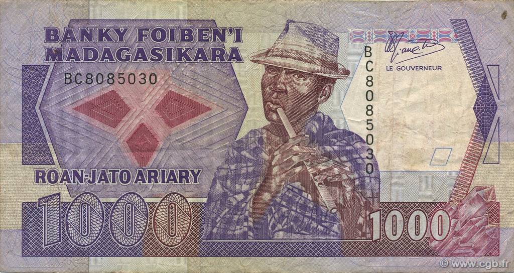 1000 Francs - 200 Ariary MADAGASCAR  1988 P.072a TB