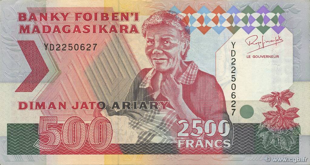2500 Francs - 500 Ariary MADAGASCAR  1988 P.072Aa SC+