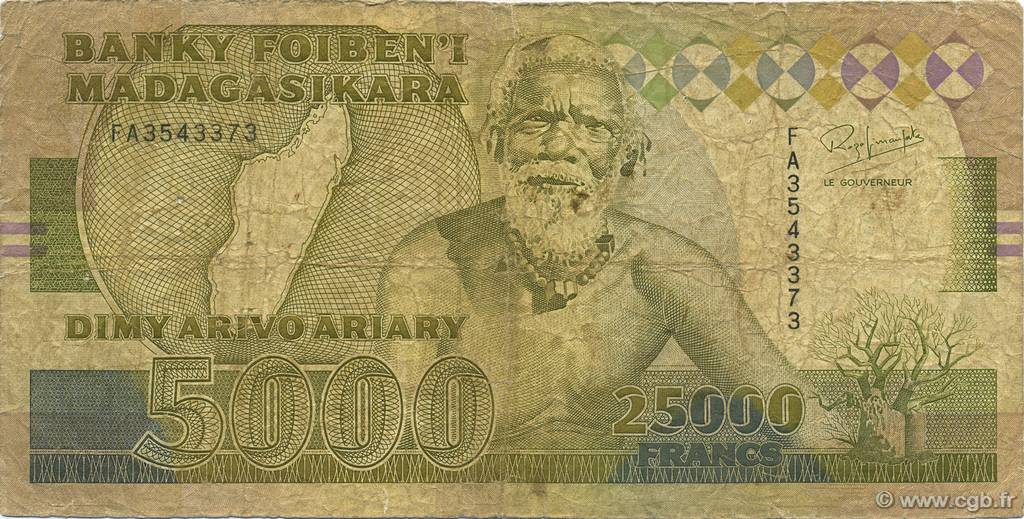 25000 Francs - 5000 Ariary MADAGASCAR  1988 P.074Aa AB