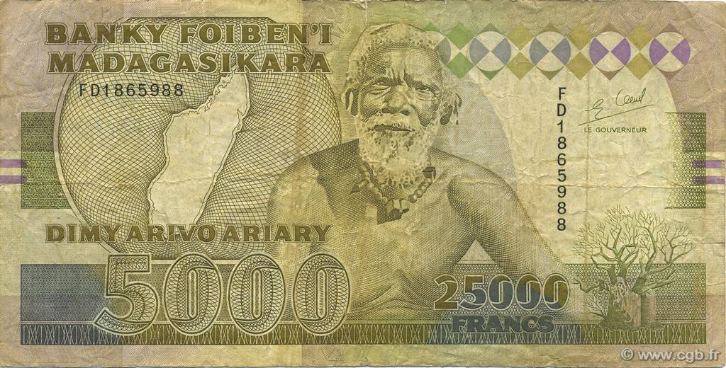 25000 Francs - 5000 Ariary  MADAGASCAR  1988 P.074Ab B