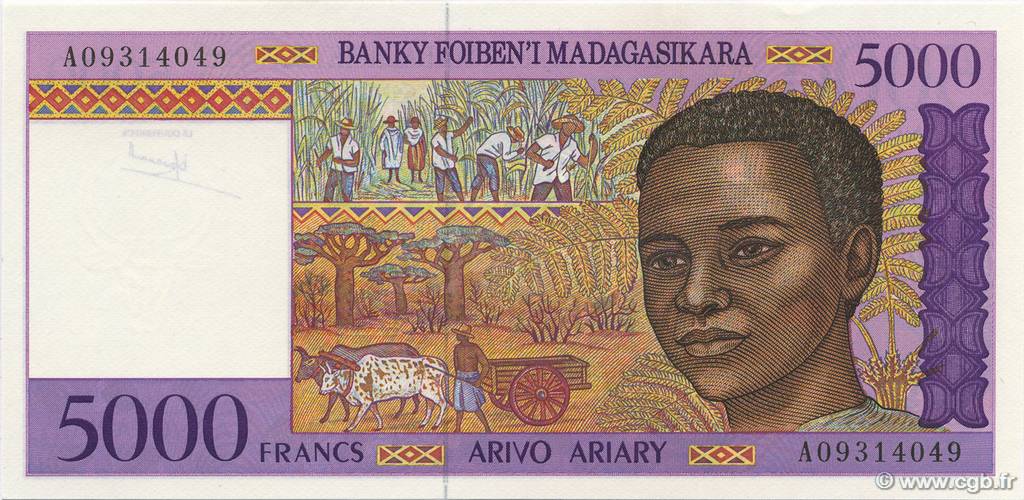 5000 Francs - 1000 Ariary MADAGASCAR  1994 P.078a UNC-