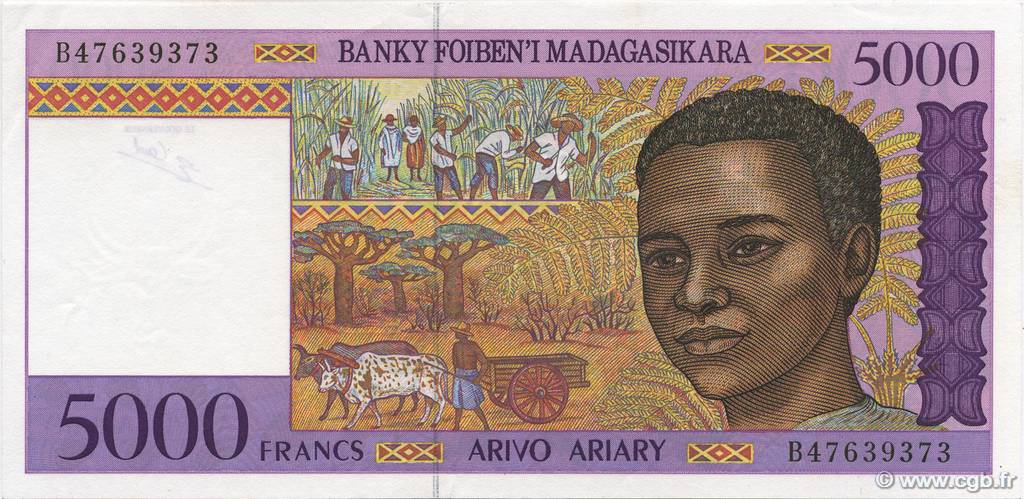 5000 Francs - 1000 Ariary MADAGASCAR  1994 P.078b XF - AU