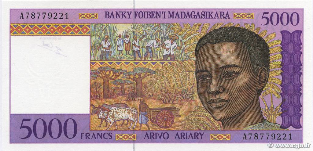 5000 Francs - 1000 Ariary MADAGASCAR  1994 P.078b FDC