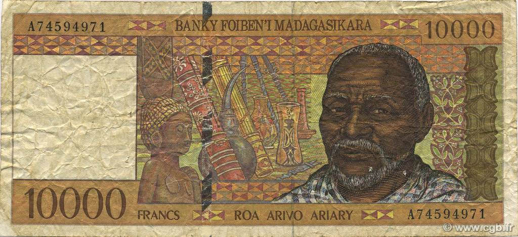 10000 Francs - 2000 Ariary MADAGASCAR  1994 P.079b q.MB
