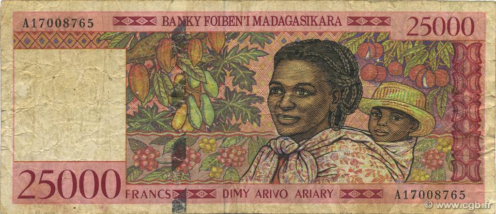 25000 Francs - 5000 Ariary MADAGASCAR  1998 P.082 q.MB