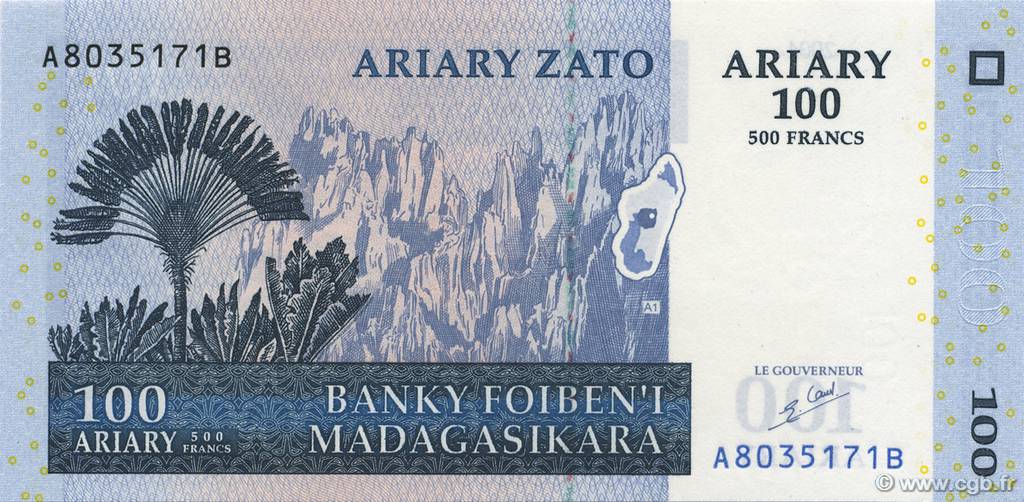 500 Francs - 100 Ariary MADAGASCAR  2004 P.086a FDC
