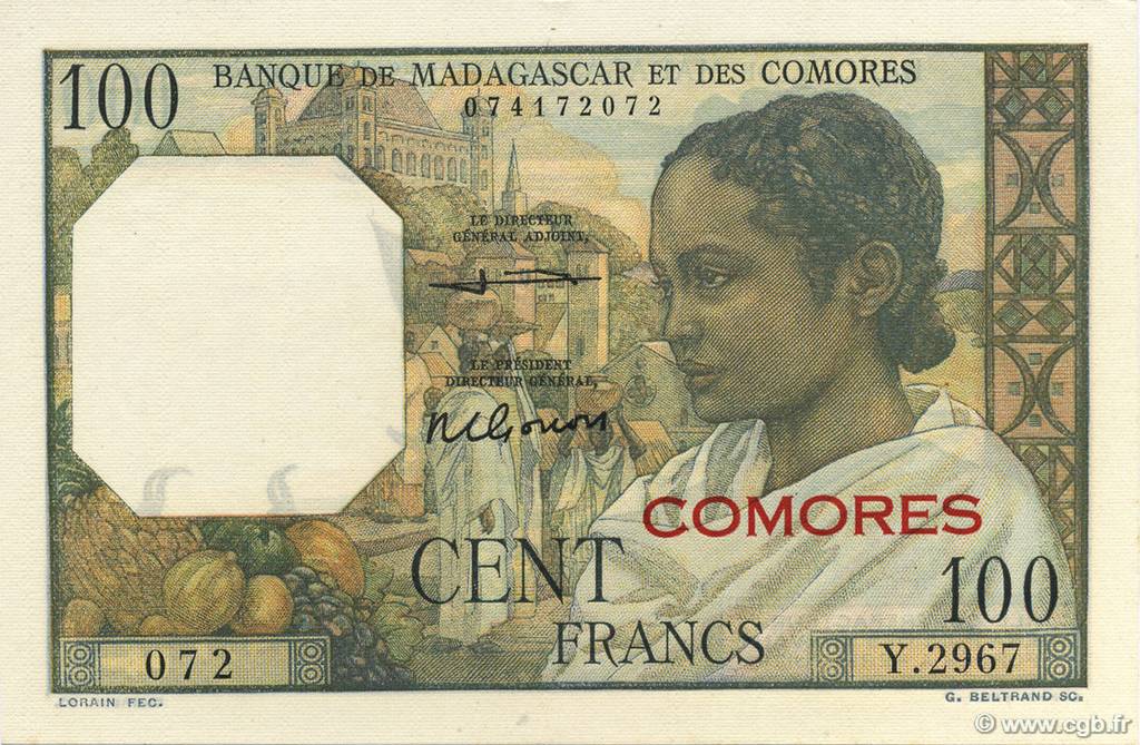 100 Francs KOMOREN  1960 P.03b2 fST+