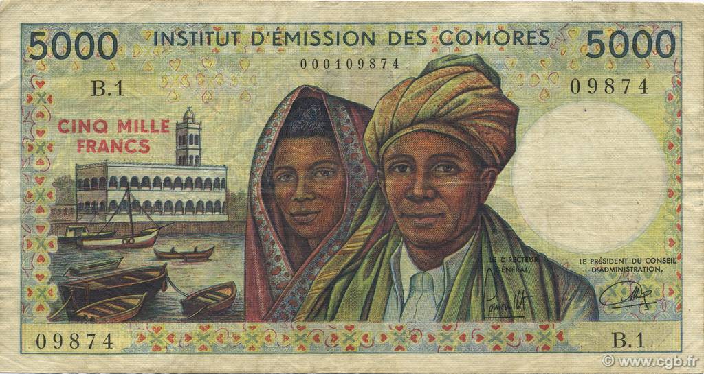 5000 Francs COMOROS  1976 P.09a F - VF