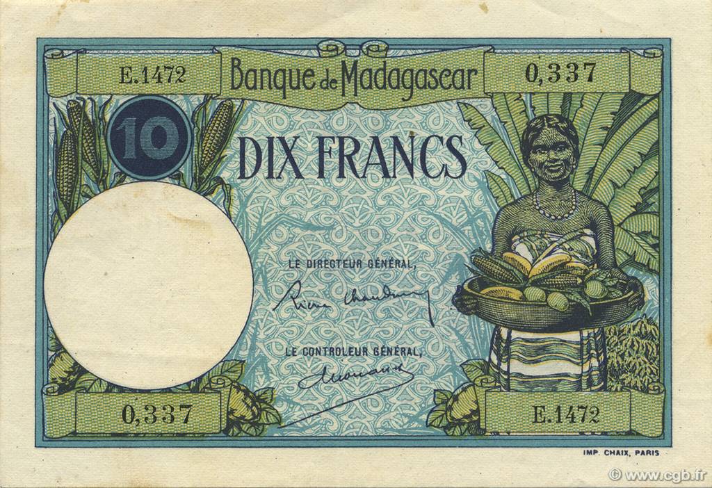10 Francs MADAGASCAR  1937 P.036 VF