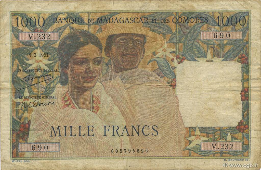 1000 Francs MADAGASCAR  1951 P.048a F+