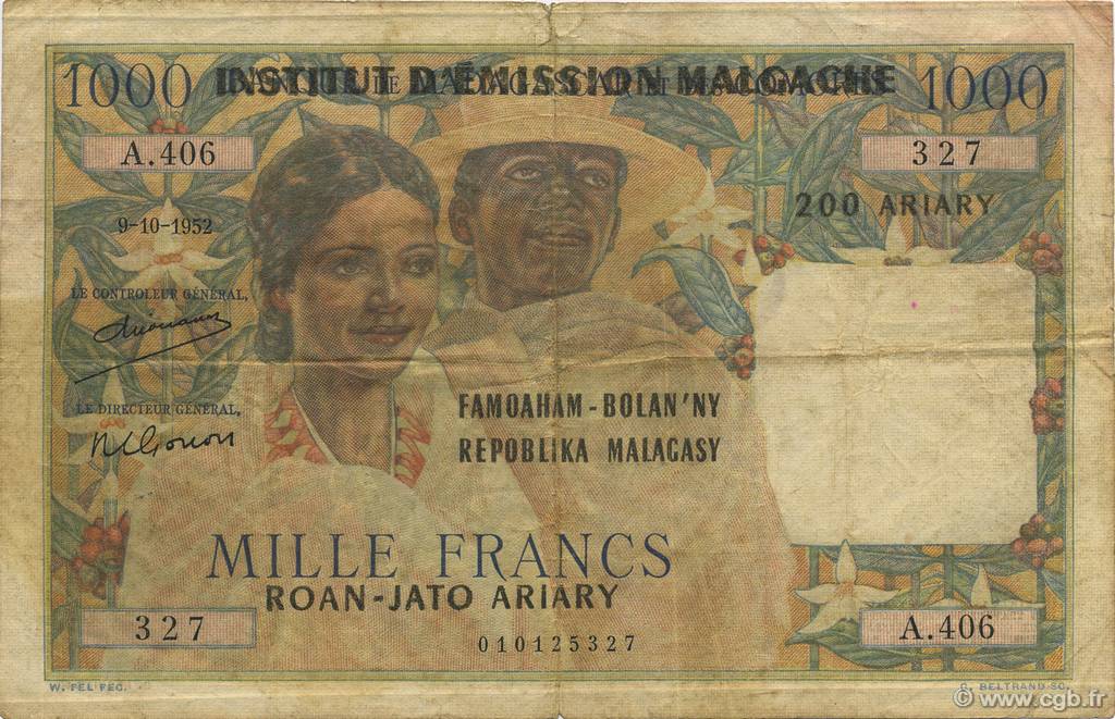 1000 Francs - 500 Ariary MADAGASCAR  1961 P.054 F-