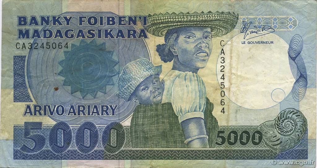 5000 Francs - 1000 Ariary MADAGASCAR  1988 P.073a BC+