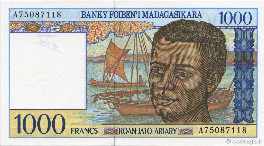 1000 Francs - 200 Ariary MADAGASCAR  1994 P.076b AU
