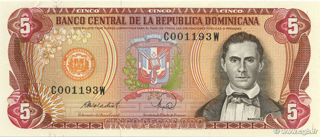 5 Pesos Oro RÉPUBLIQUE DOMINICAINE  1988 P.118c pr.NEUF