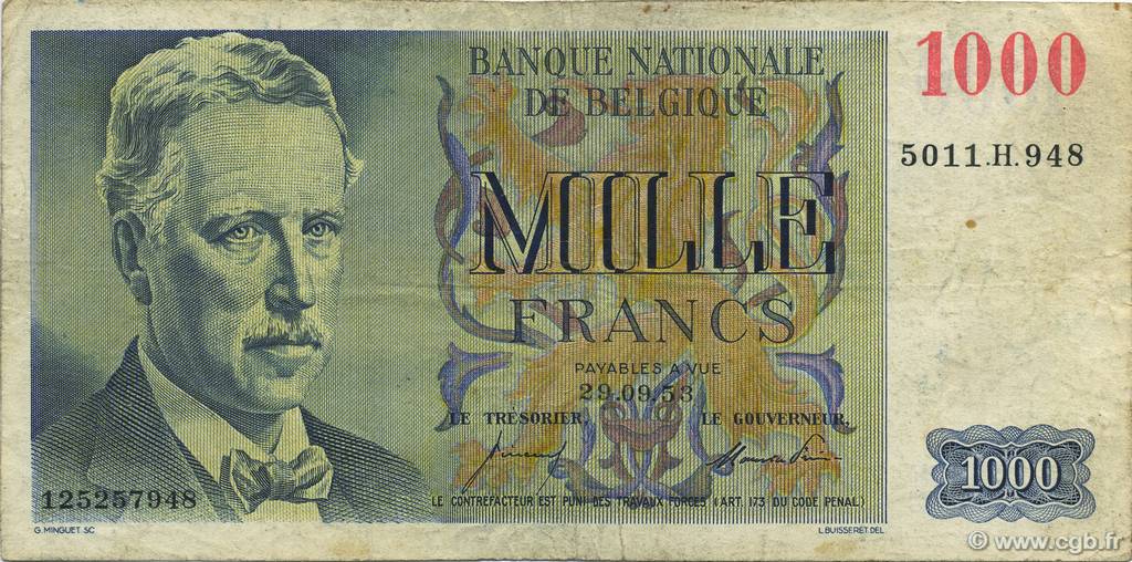 1000 Francs BELGIUM  1953 P.131a VF