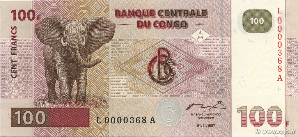 100 Francs DEMOKRATISCHE REPUBLIK KONGO  1997 P.090a ST