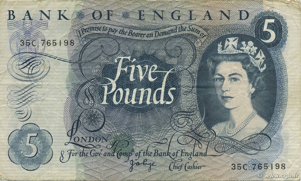 5 Pounds ENGLAND  1970 P.375c VF