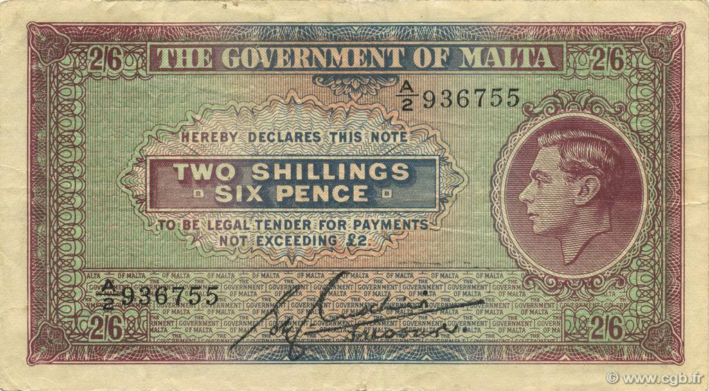 2 Shillings 6 Pence MALTA  1940 P.18 VF