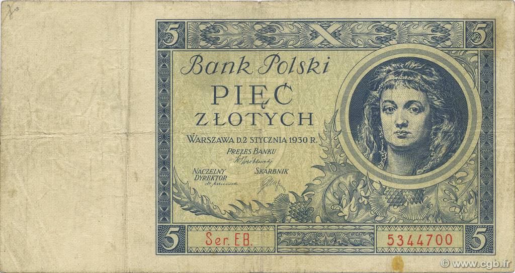 5 Zlotych POLONIA  1930 P.072 BC a MBC