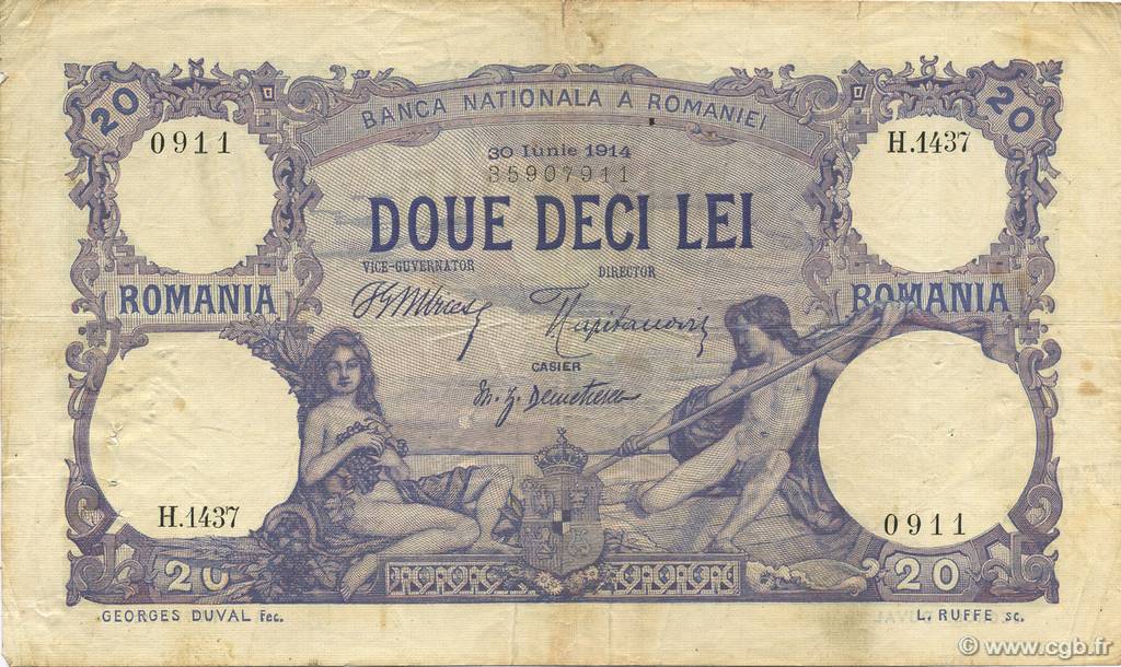 20 Lei ROMANIA  1914 P.020 F - VF