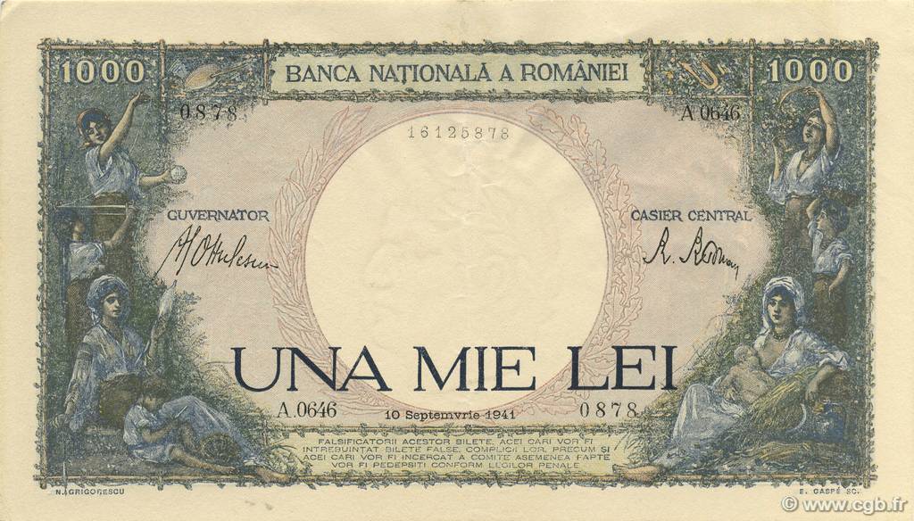 1000 Lei ROMANIA  1941 P.052a SPL+