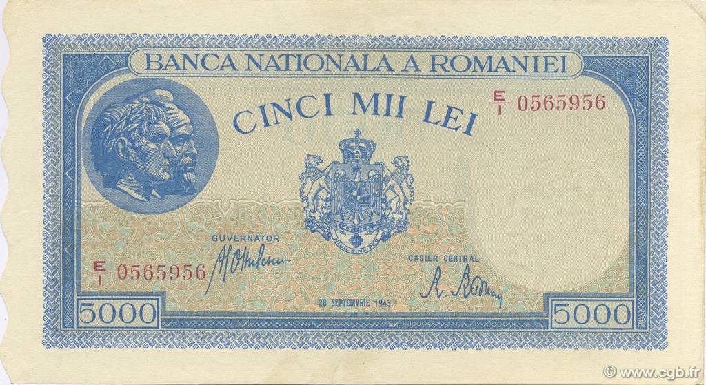 5000 Lei ROMANIA  1943 P.055 SPL+