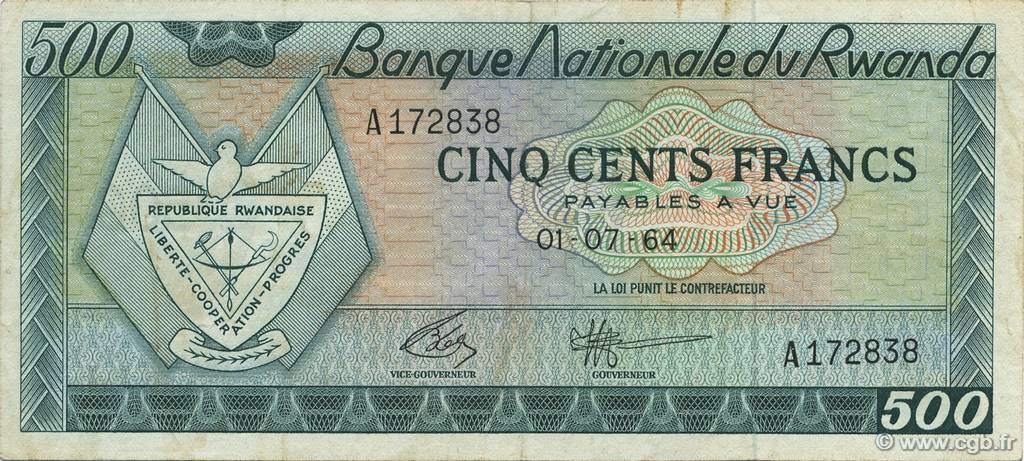 500 Francs RWANDA  1964 P.09a TTB+