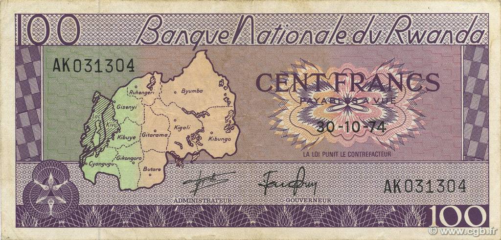100 Francs RUANDA  1974 P.08c fVZ