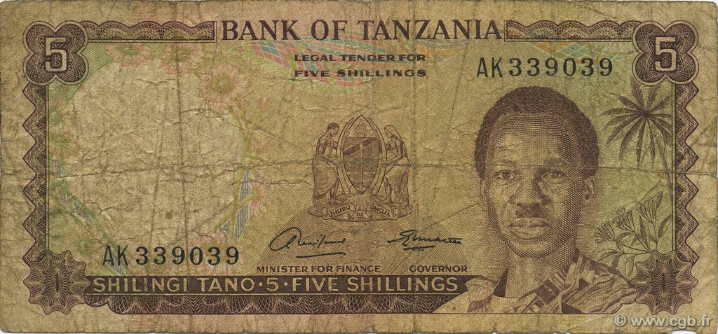 5 Shillings TANZANIA  1966 P.01a VG