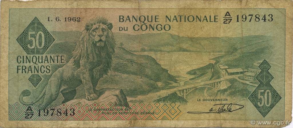 50 Francs RÉPUBLIQUE DÉMOCRATIQUE DU CONGO  1962 P.005a pr.TB