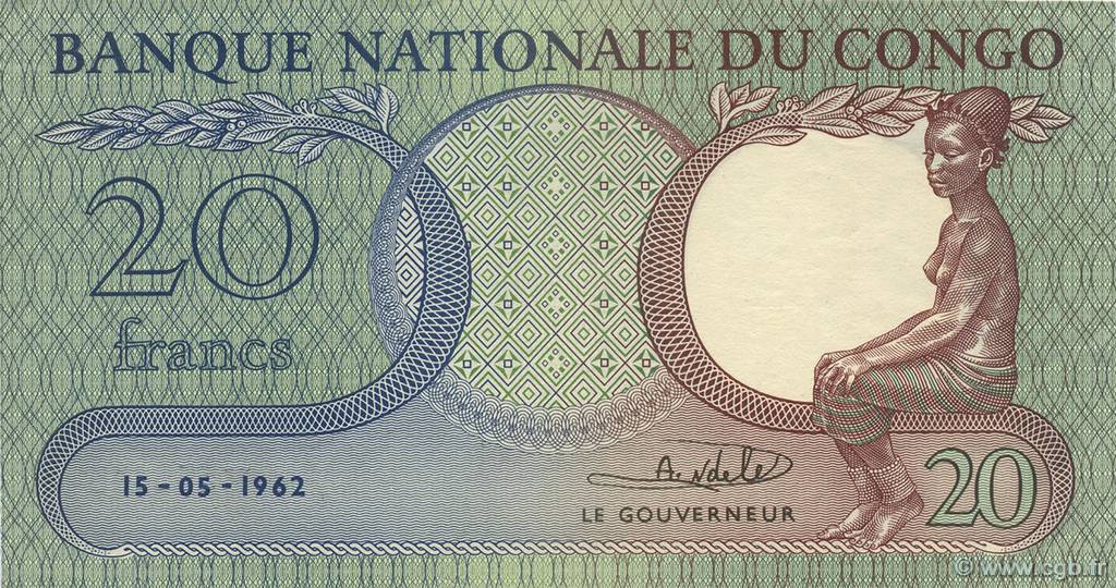 20 Francs RÉPUBLIQUE DÉMOCRATIQUE DU CONGO  1962 P.004a SUP+