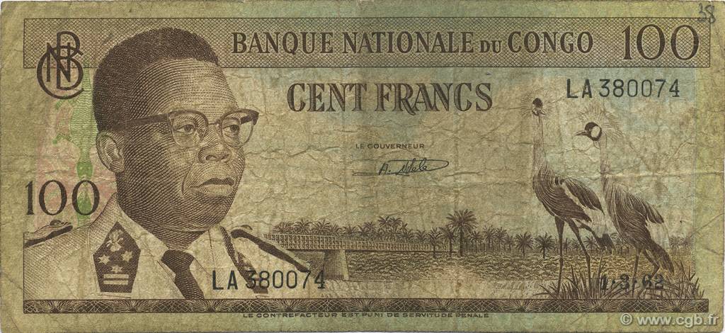 100 Francs REPúBLICA DEMOCRáTICA DEL CONGO  1962 P.006a RC