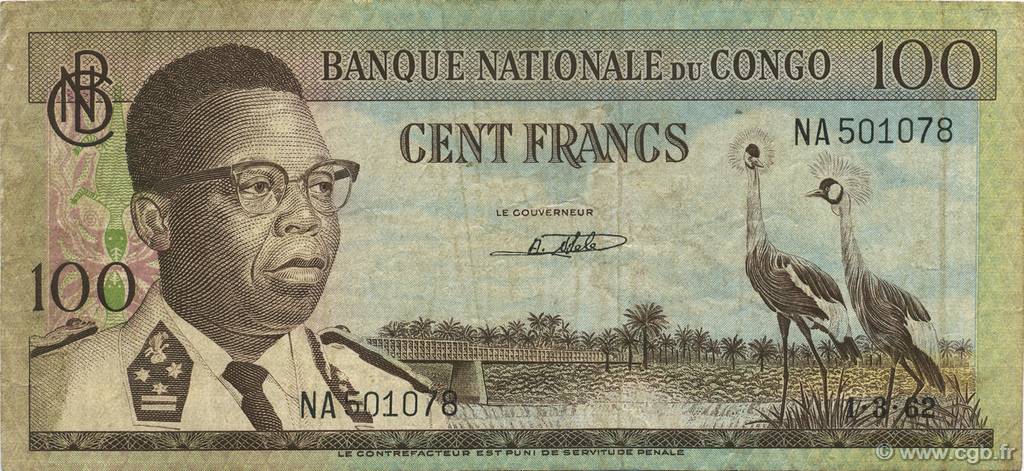 100 Francs REPúBLICA DEMOCRáTICA DEL CONGO  1962 P.006a BC+
