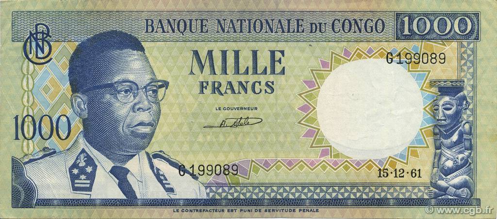 1000 Francs CONGO, DEMOCRATIC REPUBLIC  1962 P.008a VF - XF