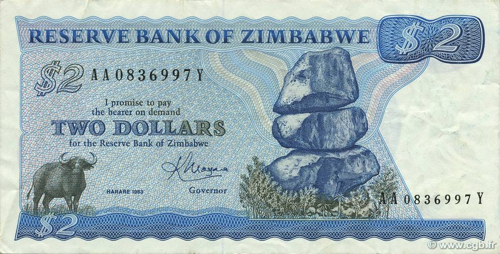 2 Dollars SIMBABWE  1983 P.01b fVZ