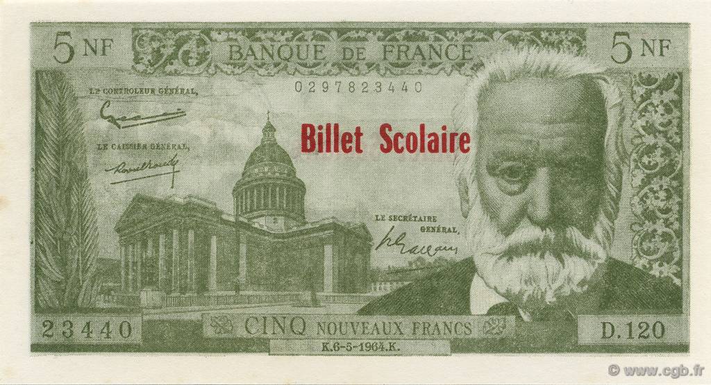 5 Nouveaux Francs Victor Hugo Scolaire FRANCE regionalism and various  1964  UNC